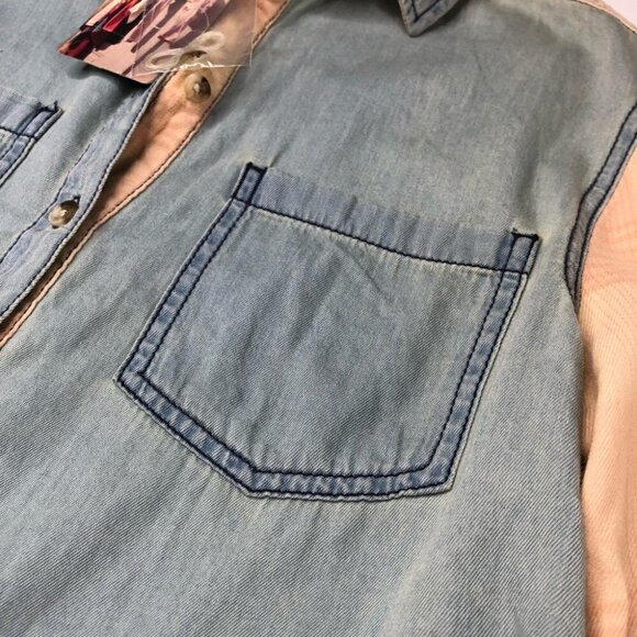 NEW BDG Frankie Chambray Plaid Peach Light Denim Flannel Button-up Western Shirt - Picture 7 of 15